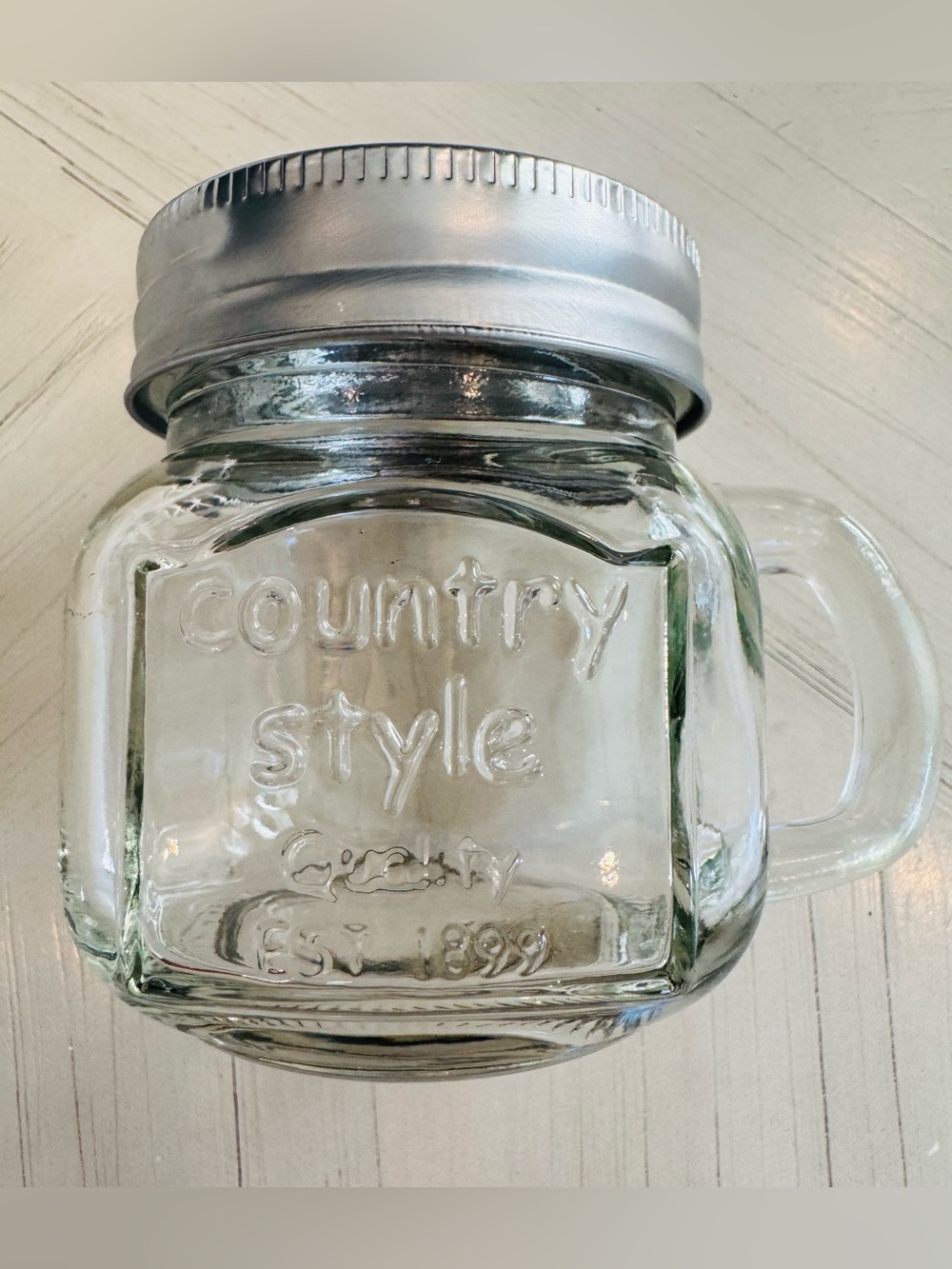 Country Style Mini Glass Mason Jar Mug w/ Handle & Silver Lid - 3.5” - Like New
